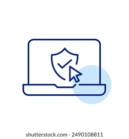 Laptop, shield, checkmark and mouse click. Protected device, verified access, approved user. Secure internet access. Pixel perfect, editable stroke icon