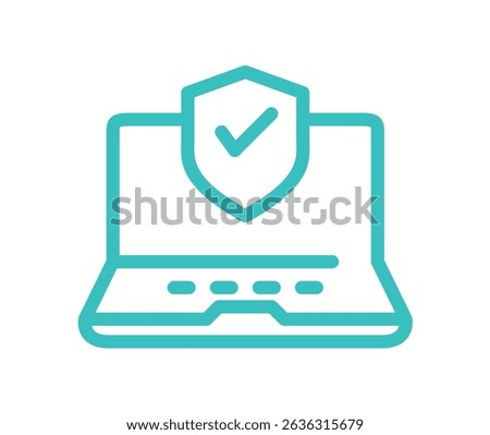 Laptop with a shield and checkmark symbolizing security. Digital insurance icon cyber security symbols concept.