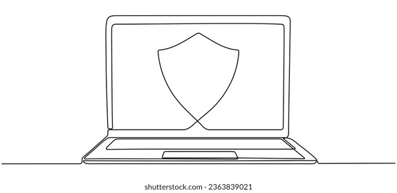 Laptop with shield continuous line drawing. Open computer gadget with protect linear symbol. Vector illustration isolated on white.
