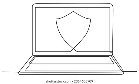Laptop with shield continuous line drawing. Open computer gadget with protect linear symbol. Vector illustration isolated on white.