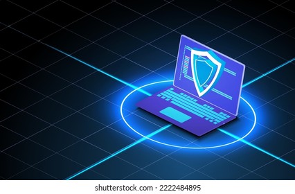 Laptop with shield,  cyber Security concept.  3D laptop and cloud data under the protection. Cyber security, shield lock in futuristic 