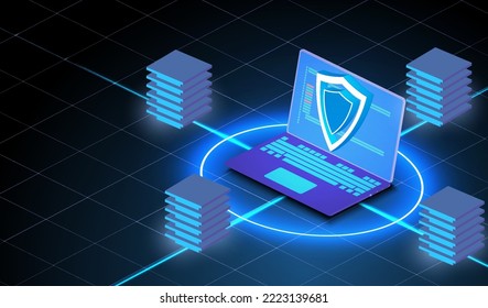 Laptop with shield,  cyber Security concept.  3D laptop and cloud data under the protection. Cyber security, shield lock in futuristic 