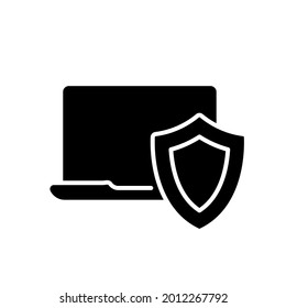 Laptop and shield glyph icon. VPN. Vector fill black illustration.