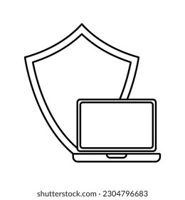 laptop with shield, illustration of cyber security icon vector