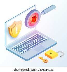 Laptop with shield, key, padlock and virus bug under magnifying glass. Isometric 3d data protection or digital online security concept. Flat vector illustration.