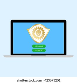 Laptop with a shield and a lion on the screen. Computer protection concept. Vector illustration for websites, booklets