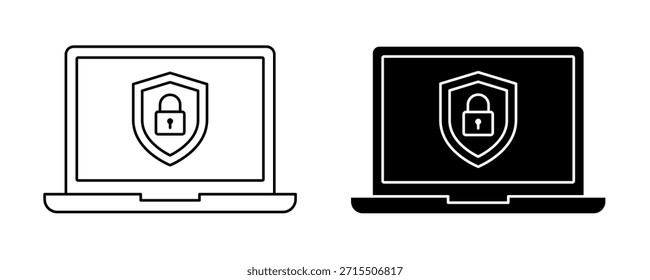 Portátil con escudo y Vector de conjunto de iconos de bloqueo. Política de privacidad, seguridad, protección de datos, acceso, Contraseña, Cuenta, cibernética, derechos de usuario, autenticación, seguro, archivo, Sitio web, sistema de red.