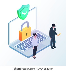 Laptop with shield, padlock and security people around. Isometric 3d data protection or digital online security concept. Flat vector illustration.