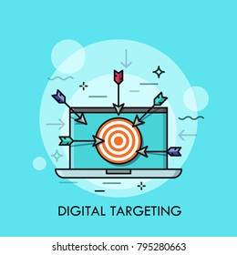 Laptop with shooting target with arrows on screen. Concept of digital targeting, online marketing strategy, business aim or goal. Modern vector illustration for banner, website, poster, advertisement.