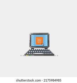 laptop with shop button in pixel art style
