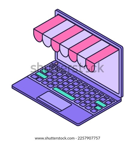 Laptop shop isometric. Flat icon with laptop isometric on white background for site design. Computer interface. Marketing concept. Vector illustration concept