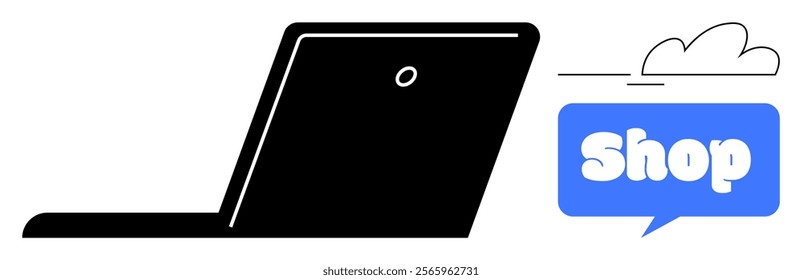 Laptop with a shop symbol in a blue speech bubble. Ideal for ecommerce, technology, online retail, digital marketing, internet shopping. Minimalistic flat design style with simple colours