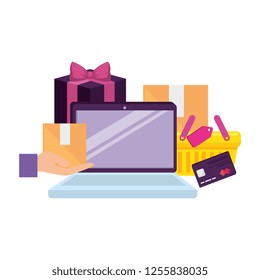 laptop with shopping bag and gift