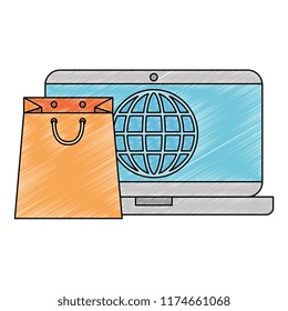 laptop with shopping bag and planet
