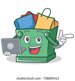 With laptop shopping basket character cartoon