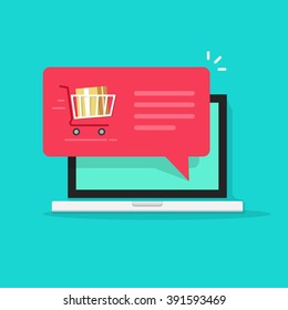 Laptop with shopping cart full, red speech bubble vector illustration, online ordering notification concept, ecommerce, order delivery service modern flat icon design isolated on blue background