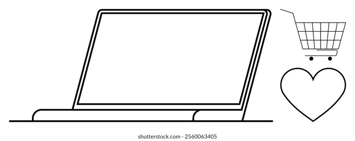 Laptop with a shopping cart and heart represents online shopping. Simple line art, perfect for websites, apps, and e-commerce related content. Ideal for online shopping, e-commerce, technology