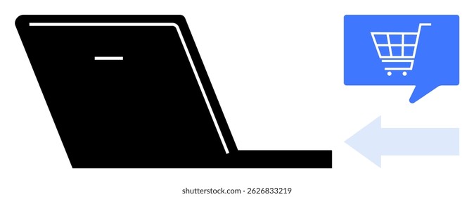 Laptop with shopping cart icon in speech bubble, blue arrow pointing right. Ideal for e-commerce, digital marketing, online retail, shopping apps, web stores, consumer behavior, financial technology