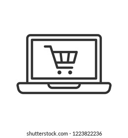 Laptop with shopping cart vector line icon