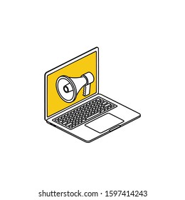 Laptop shout stock. Vector line, 3d stroke isometric, color web icon, new flat style. Creative illustration design, abstract idea for infographics.