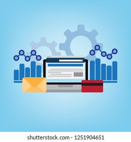 Laptop show web, graph, email and cradit card. Can be used Seo management and web search. Technology or programming process concept. Vector illustration.