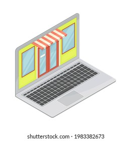 Laptop with Showcase and Store Awning as Shopping and Retail Industry Isometric Vector Illustration