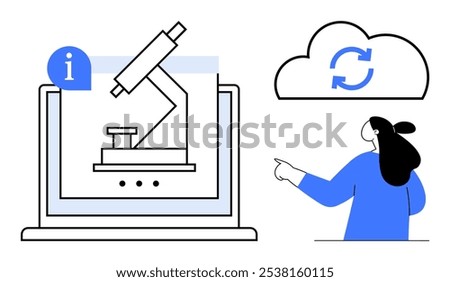 Laptop showcasing microscope, person pointing at cloud sync symbol. Ideal for education, technology, medical research, cloud computing, and information sharing. Modern flat style