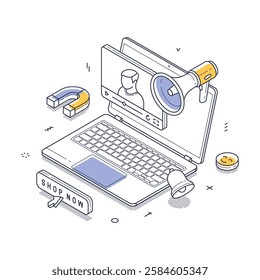 Laptop showcasing an online shopping interface with elements like a megaphone and magnet, emphasizing digital marketing. Social media video advertising. Modern isometric line art vector illustration