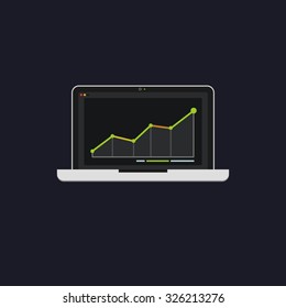Laptop showing charts and graph. Analysis Business Accounting. Flat Design. Statistics or Marketing Concept. Vector illustration.