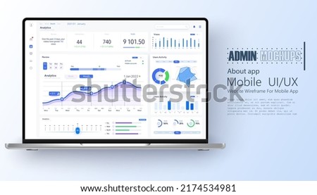 Laptop showing charts and graph, analysis business accounting, statistics concept. Digital marketing, business analysis. Data growth diagram clean and simple interface. Modern Admin website . Vector