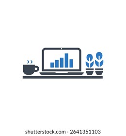 Laptop showing data with a coffee cup and plants icon