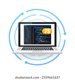 Laptop showing javascript code on screen programming and software development