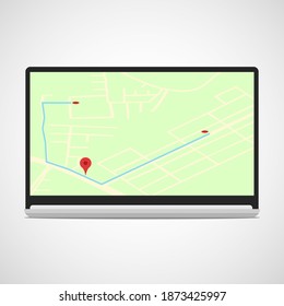 A laptop showing the journey with a map in the app, showing the starting point, distance, current location and destination isolated on white focus center background, flat design vector illustration.