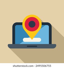Laptop showing location pin for online navigation, searching for directions, finding addresses, using gps