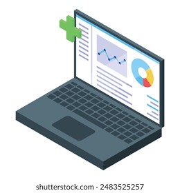 Laptop showing marketing data with green plus sign for adding new information