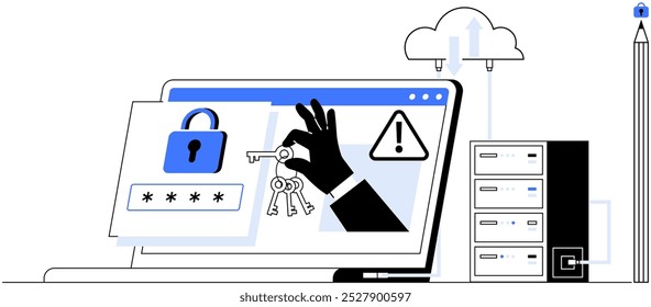 Portátil que muestra un candado, llaves, una señal de advertencia y un servidor. Ideal para ciberseguridad, protección de datos, cifrado, privacidad, computación en la nube. Colores azul blanco negro. Estilo plano moderno