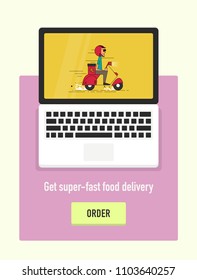 Laptop showing Pizza Delivery Courier Boy delivering pizza/food on a retro scooter with delivery box. Delivery man/guy riding a Moped. Delivery status
