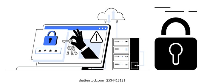A laptop showing a security alert and key, a cloud, servers, and a padlock highlight data protection. Ideal for online security, cybersecurity awareness, data protection, network security, threat