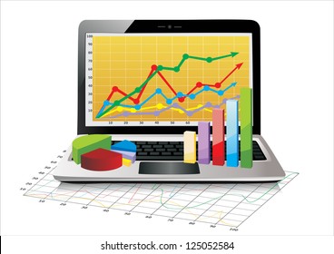 Laptop showing a spreadsheet  with some 3d charts over it