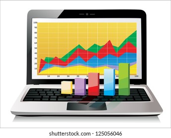 Laptop showing a spreadsheet  with some 3d charts over it