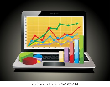 Laptop showing a spreadsheet with some 3d charts over it