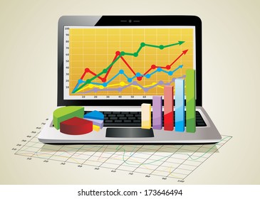 Laptop showing a spreadsheet with some 3d charts over it