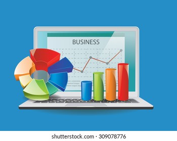 Laptop showing a spreadsheet with some 3d charts over it