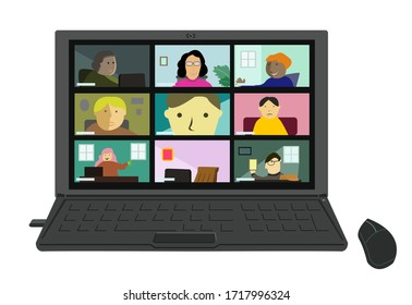 Laptop Showing A Video Conferencing Of People Working Or Learning From Home Concept. Editable Clip Art.