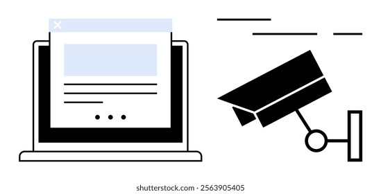 Laptop showing a web browser window and a surveillance camera on a white background. Ideal for cybersecurity, online privacy, monitoring, surveillance systems, internet safety. Simple vector style