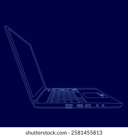 A laptop is shown in a blue background. The laptop is open and the keyboard is visible.