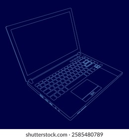 A laptop is shown in a blue color. The laptop is open and the keyboard is visible.