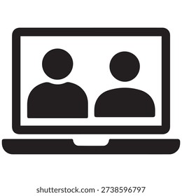 A laptop shows two user icons side-by-side, representing a virtual meeting or video conferencing session.