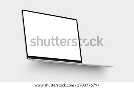 Laptop in side perspective with blank screen, soft shadow, clean modern mockup for showcasing website design or digital content