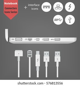 Laptop side view with connectors Illustration. Notebook and 5 interface icons. , Ethernet, MagSafe 2, Thunderbolt, USB 2.0 and 3.0. Plugs and Sockets for  Charging and Data transfer